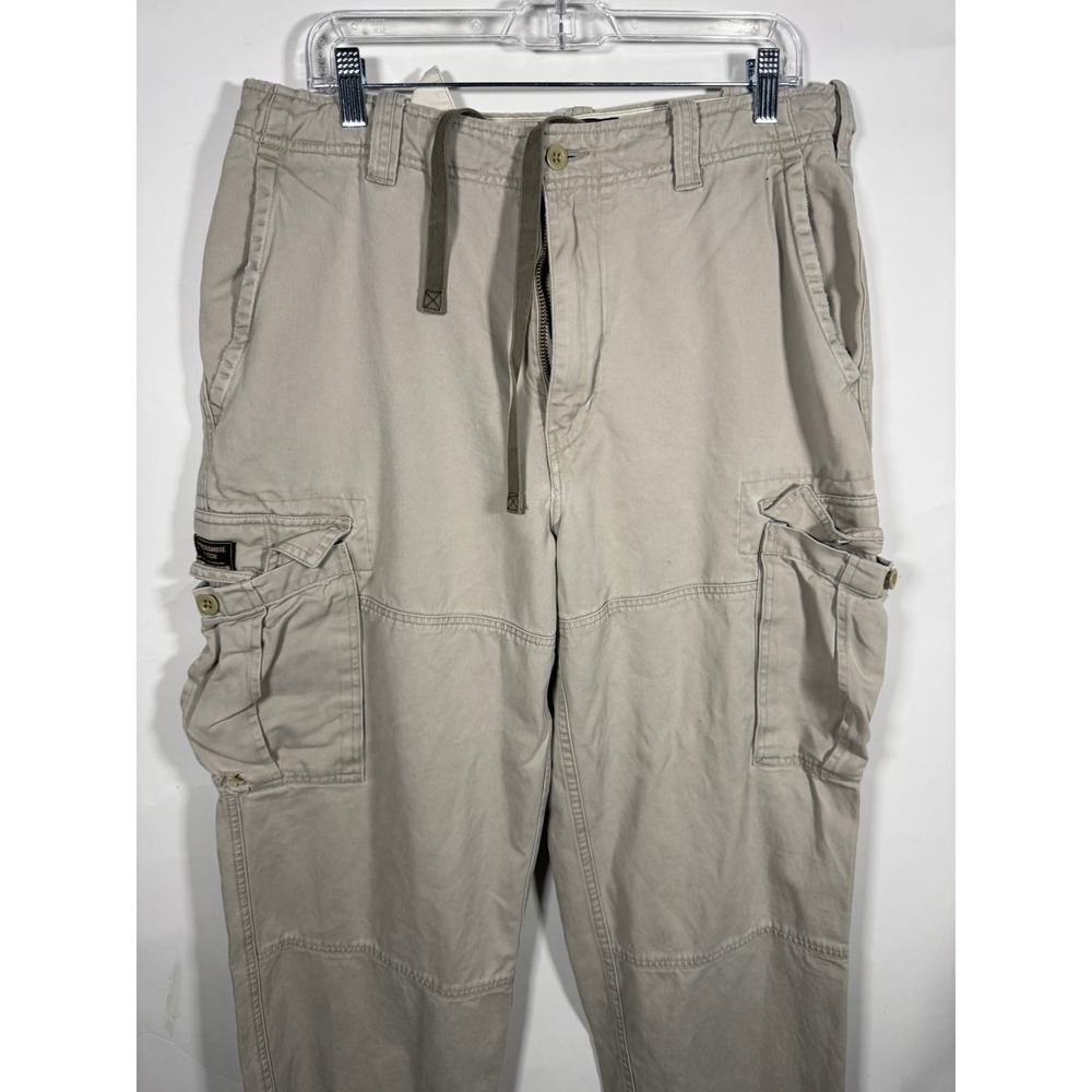 Abercrombie‎ & Fitch Mens Khaki Cargo Pants 34R Tan Cotton Drawstring Frayed Hem - Picture 2 of 9